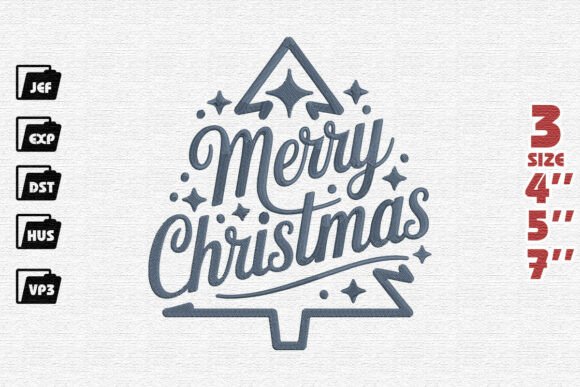 Blue Merry Christmas Typography Tree Embroidery Design