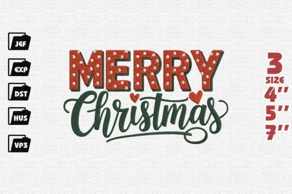 Festive Polka Dot Merry Christmas Embroidery Design with Hearts
